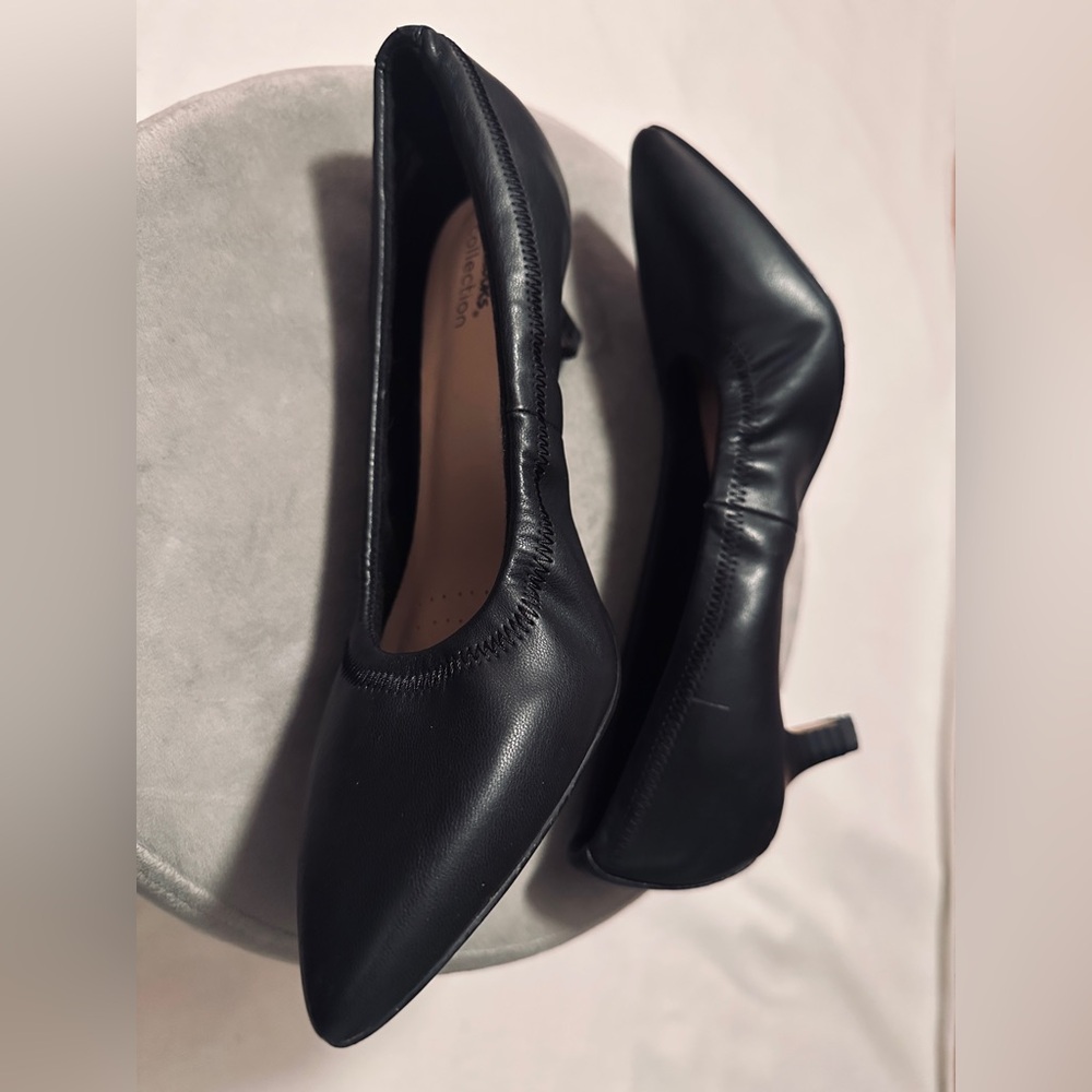 Clarks Black Pointed Toe Kitten Heel Pumps